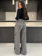 CM.YAYA Damen Vintage Cutout Hollow Out Criss Cross Gerade Denim Hose 2024 Mode INS High Waist Weite Beine Jeans Hose