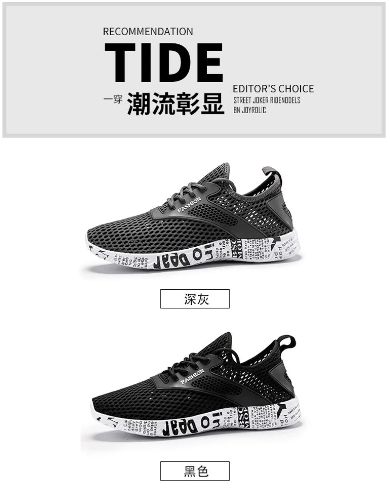 Sommer Herren Schwarze Hohl-Mesh-Sneaker Mode Atmungsaktive Leichte Freizeit-Gehschuhe Bedruckte Sohle Outdoor-Sport-Schuhe