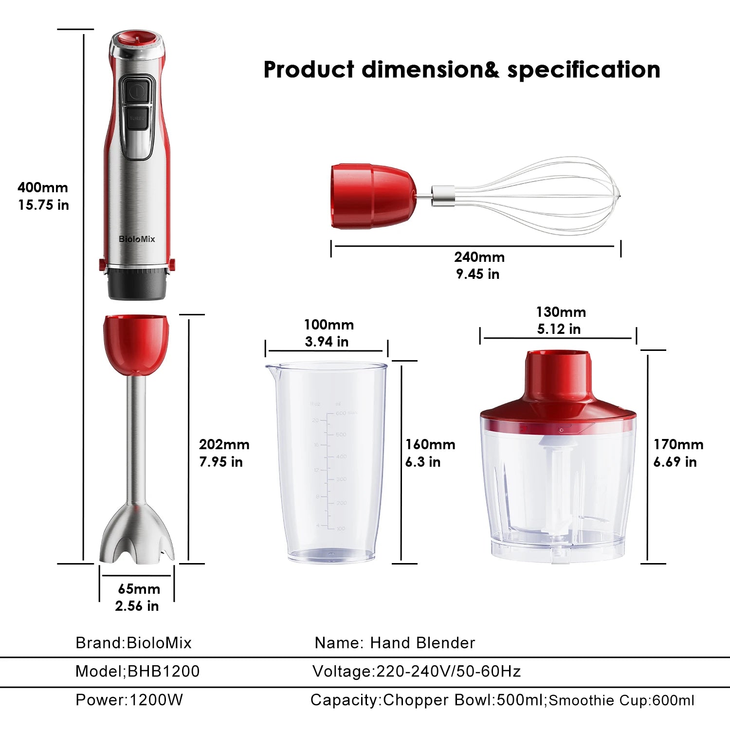 BioloMix 4-in-1 Hand Stick Blender, 1200W Stainless Steel - Immersion Mixer with Chopper Smoothie Cup Ice Blades for Baby Food