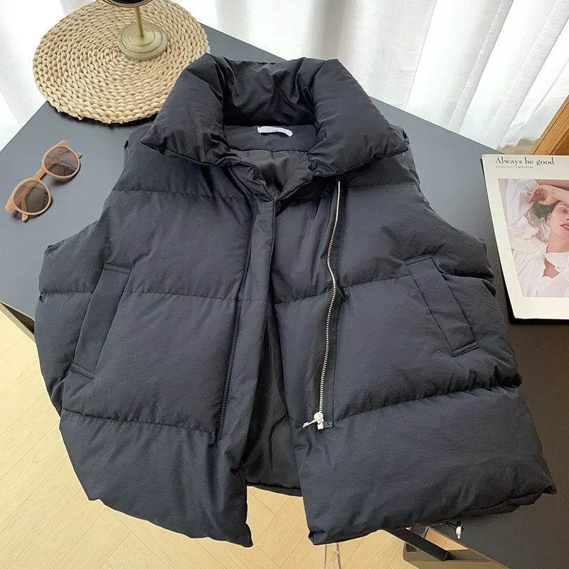 Damenmode Herbst Neu 2024 Stehkragen Elegante Daunenmäntel Warme Oberbekleidung Freizeitgürtel Ärmellose Winter Damenwesten Jacken