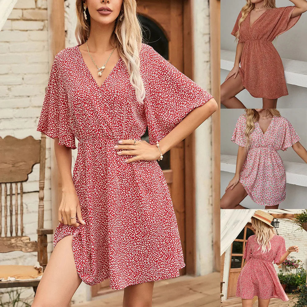 2024 Europa und die Vereinigten Staaten Frühling und Sommer neues Damenkleid Druck V-Ausschnitt Kurzarm Freizeit lockeres Kleid Frauen Hauptbild