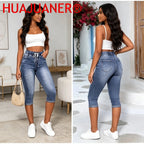 Jeans Damen Wadenlange Hose Denim Passform Hohe Taille Kordelzug Taschen Vintage Bleistifthose 2026 Streetwear Denims