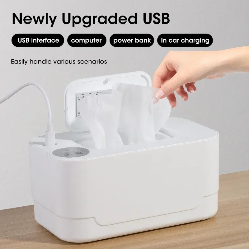 Baby Wipe Warmer Heater with LED Display, Wet Towel Dispenser Portable USB Charge Baby Wipe Warmer Napkin Heating Box Home/Car