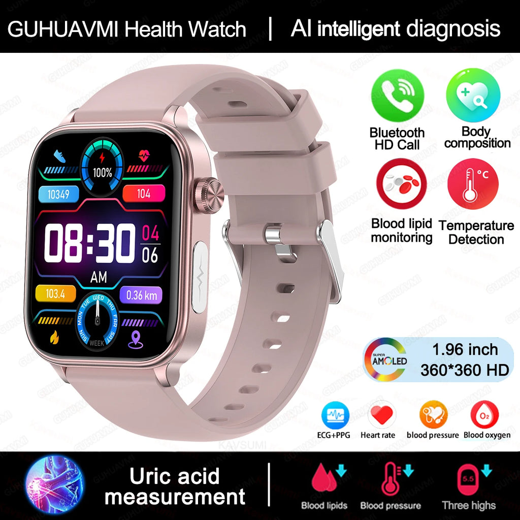 2025 Neue KI-Diagnose Blutfette Harnsäure Körperzusammensetzung Test Smartwatch für Herren EKG+PPG Bluetooth Anruf Gesundheits-Smartwatch