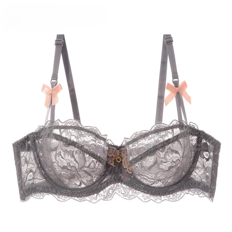 MOYISU Sommer-Dessous-Set, transparenter französischer Spitze, Minimizer-BH, Slip, ultradünn, sexy Damenunterwäsche, großer Busen, sexy Po & Höschen