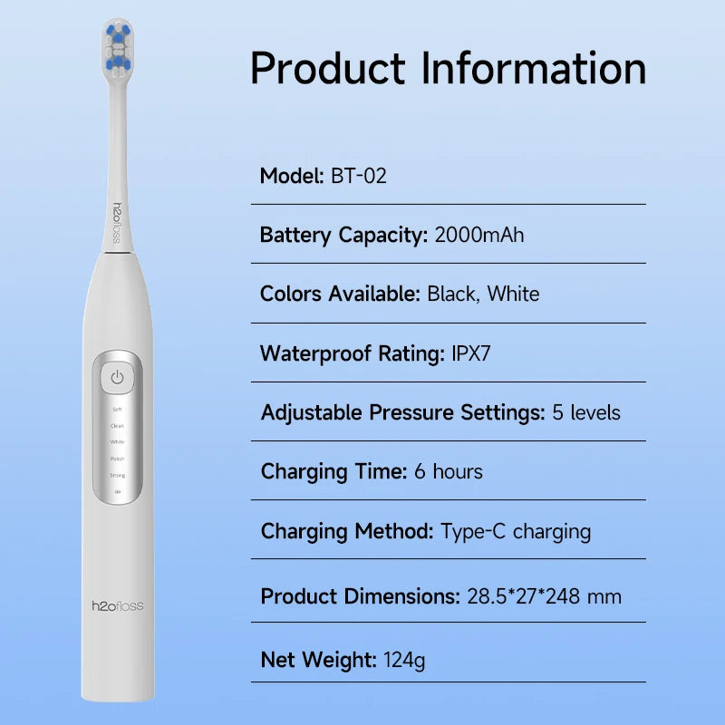 H2ofloss Sonic Elektrische Zahnbürste 38000VPM 5 Modi IPX7 Wasserdicht 60 Tage Akku Smart Timer Wiederaufladbar Aufhellend Mundpflege