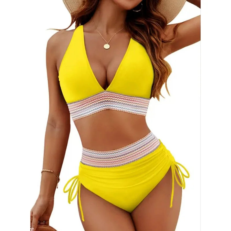Sexy tiefer V-Ausschnitt Bikini Set Damen 2026 Sommer Strand mit Brustpolster Bademode High Waist Kordelzug Triangel Bikini