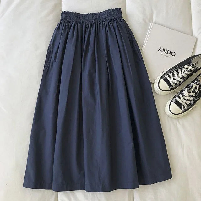 Damen Schwarzer Rock Midi High Waist Korean Style Plissiert A-Linie Vintage Kleidung 2026 Neue Sommer Casual Mode Damen Arbeitskleidung