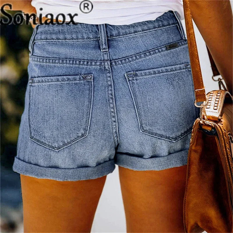 2024 Sommer neue Damen-Crimp-Knopfleiste Stretch Sexy Loch Jeans-Shorts High Waist Skinny Streetwear Trendige Ripped Denim-Shorts Zweitbild