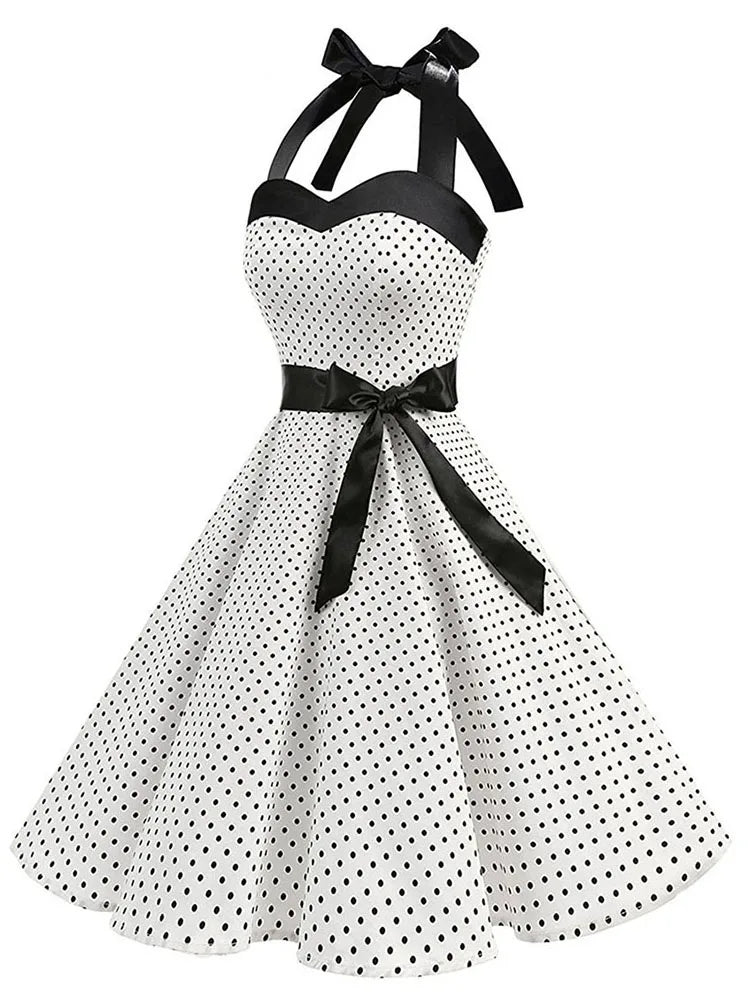 Damen Sommerkleid mit Polka-Dot-Print, sexy Retro weißes Neckholder-Kleid, Vintage-Kleid, Robe Femme Pin Up Rockabilly Partykleid Zweitbild