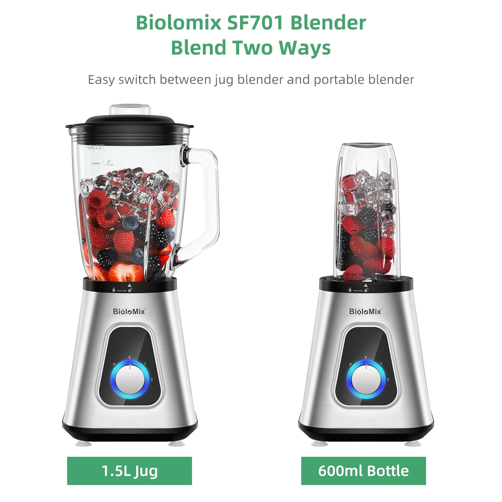 BioloMix Professional 1300W Standmixer mit 1,5L BPA-freiem Glaskrug, perfekt für gefrorene Smoothies und hausgemachte Saucen