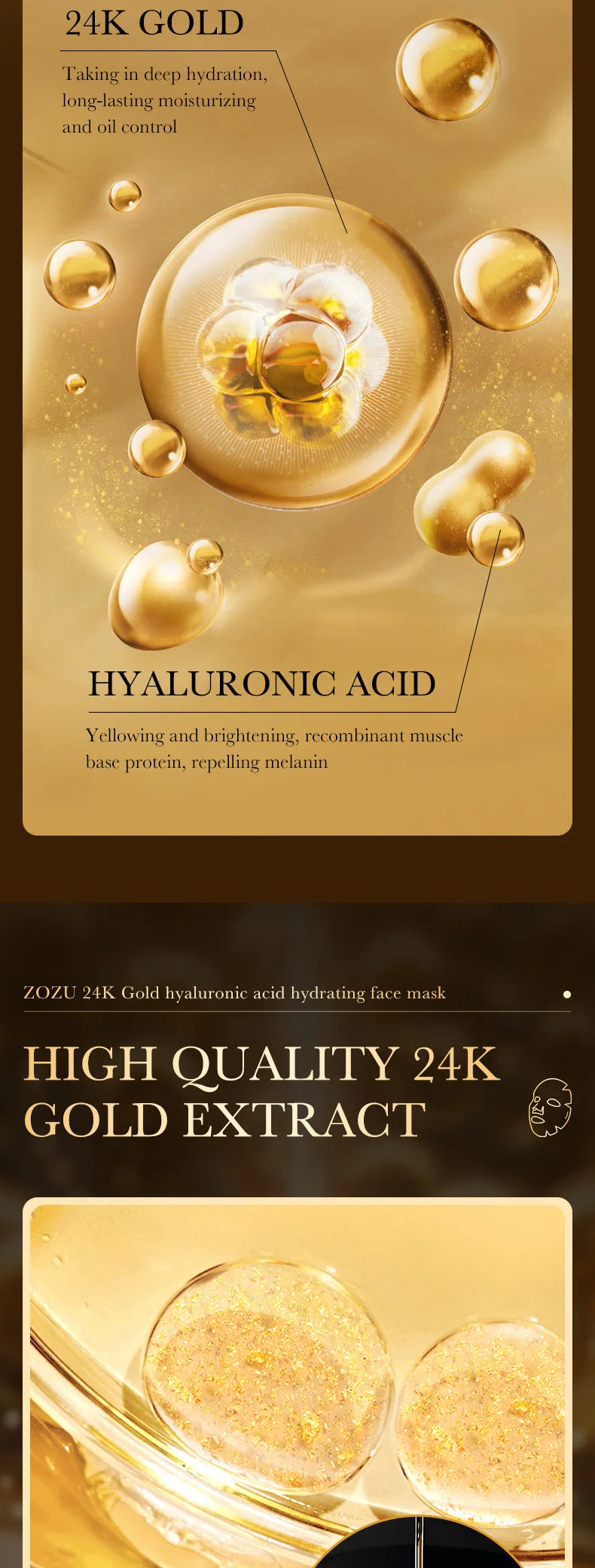 10 Stück 24 Karat Gold Hyaluronsäure Feuchtigkeitsspendende Gesichtsmaske Whitening Maske für Damen Koreanische Hautpflegeprodukte