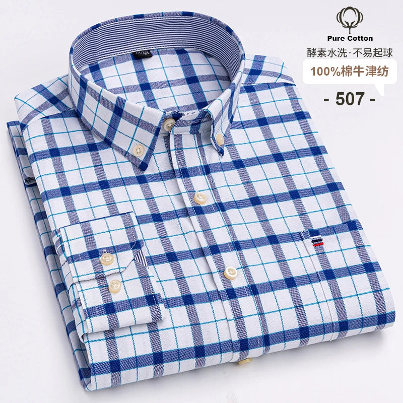 100 % Baumwolle Oxford Herrenhemden Langarm Kariert Weich Regular Fit Festliches Hemd Tasche Sozial Bluse Herrenkleidung S-7XL