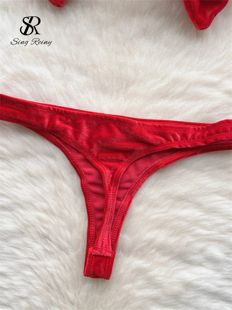 SINGREINY Weihnachten Erotische Dessous Anzüge Damen Trägerlos Eng Anliegend Kurze Nachtwäsche Mode Samt Schleife Sinnliche Unterwäsche Sets