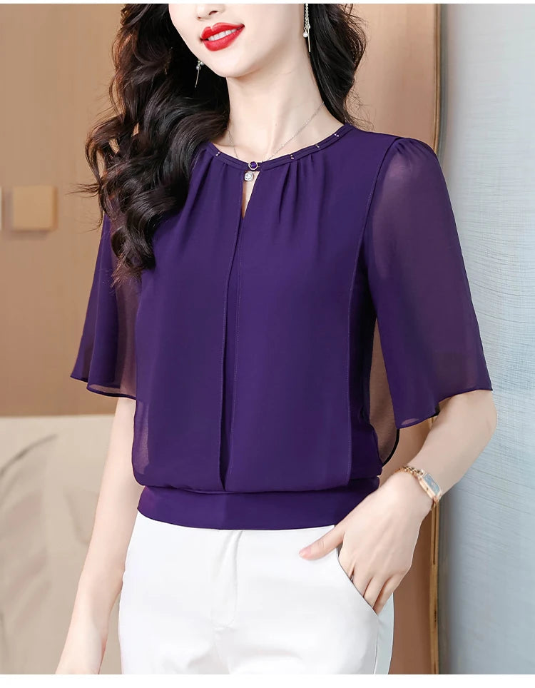 Sommerkleidung Halbarm-Chiffonbluse 2025 Neue Mode Loose Damen Tops Einfarbige Freizeit-Pullover-Shirts