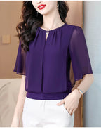 Sommerkleidung Halbarm-Chiffonbluse 2025 Neue Mode Loose Damen Tops Einfarbige Freizeit-Pullover-Shirts