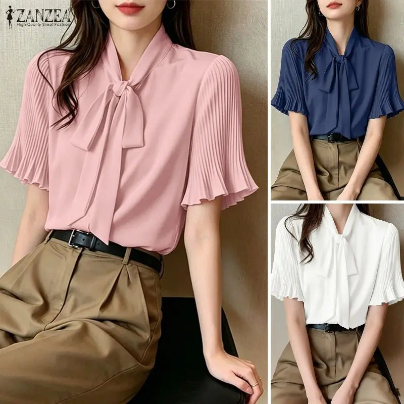 2026 ZANZEA Elegante Sommerbluse Damen Stehkragen Kurzarm-Oberteile Stylisches einfarbiges OL-Arbeitshemd Lässige Schnür-Tunika für den Urlaub Hauptbild