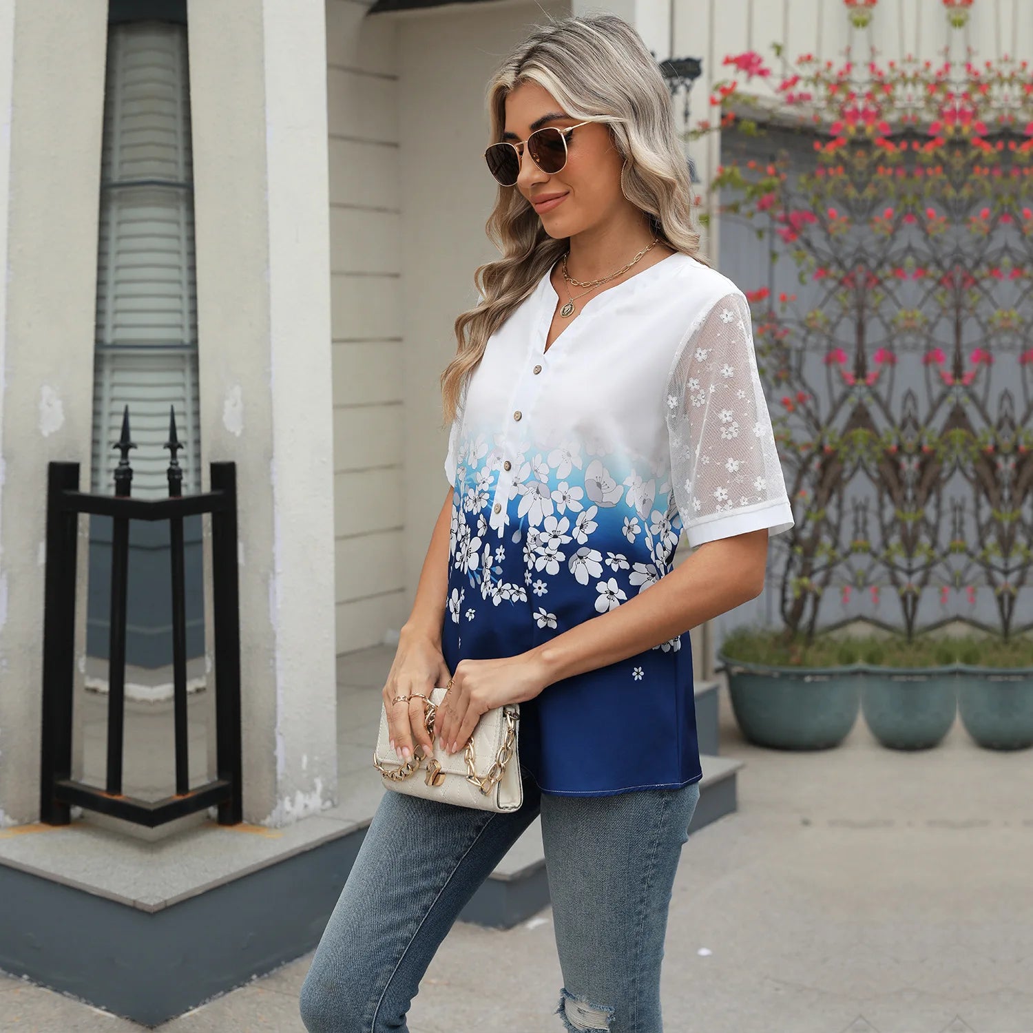 Sommerhemden Damen Spitze Patchwork Kurzarm Bluse Blumendruck Kleidung Mode Street Casual Täglich V-Ausschnitt Knopfleiste Tops 2025