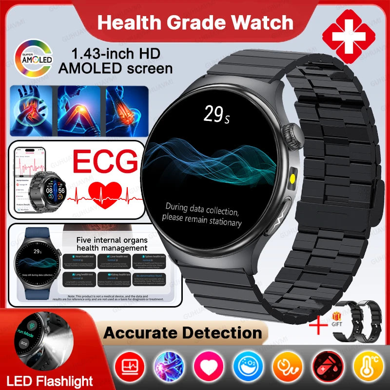 Neue genaue EKG-Smartwatch, Blutfettwerte, Fünf-Organe-Gesundheitscheck, Körpertemperatur, BT-Anruf, Sport-Smartwatches für Herren 2026