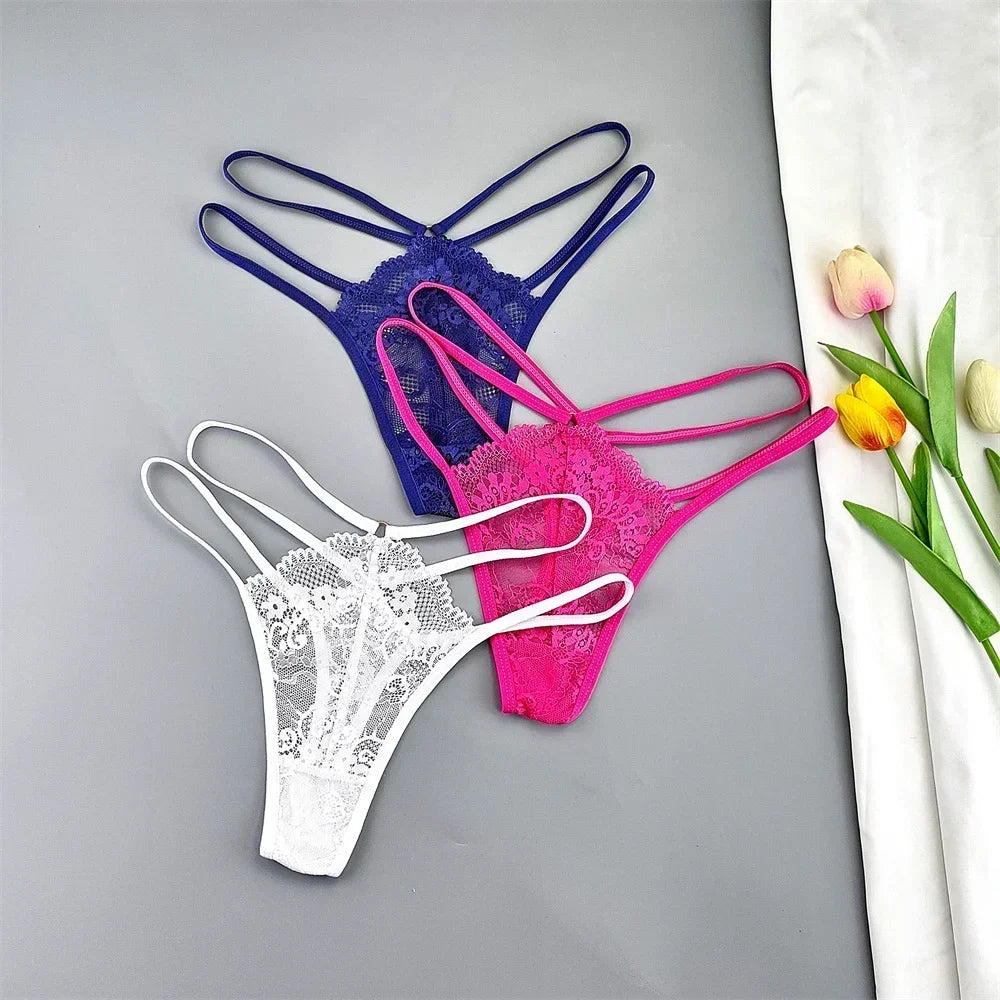 3 Stück Spitze Dünne Träger Tanga Frauen Tiefe Taille Sexy Perspektive Unterwäsche Damen Transparenter G-String Slip Plus Size T-Rücken