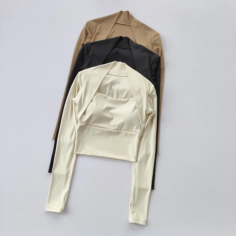 Fitness Brustkissen Sport Top Damen Langarmshirts Pra Speed Up Kurz Elegant Tanz Yoga Kleidung Kleiner Bund Gym