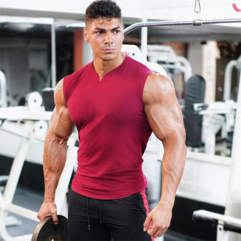 Sommer Baumwolle atmungsaktive V-Ausschnitt Tank Tops Fitnessstudio Workout Laufen Sport Ärmelloses Shirt Herren Fitness Bodybuilding Muskelbekleidung