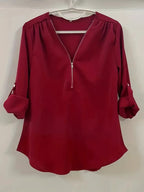 2024 Qualität Heißer Verkauf Plus Size Tiefer V-Ausschnitt Damenbluse Chiffon Coole lockere Hemd Mode Freizeit Damen Tops Sexy Reißverschluss Pullover
