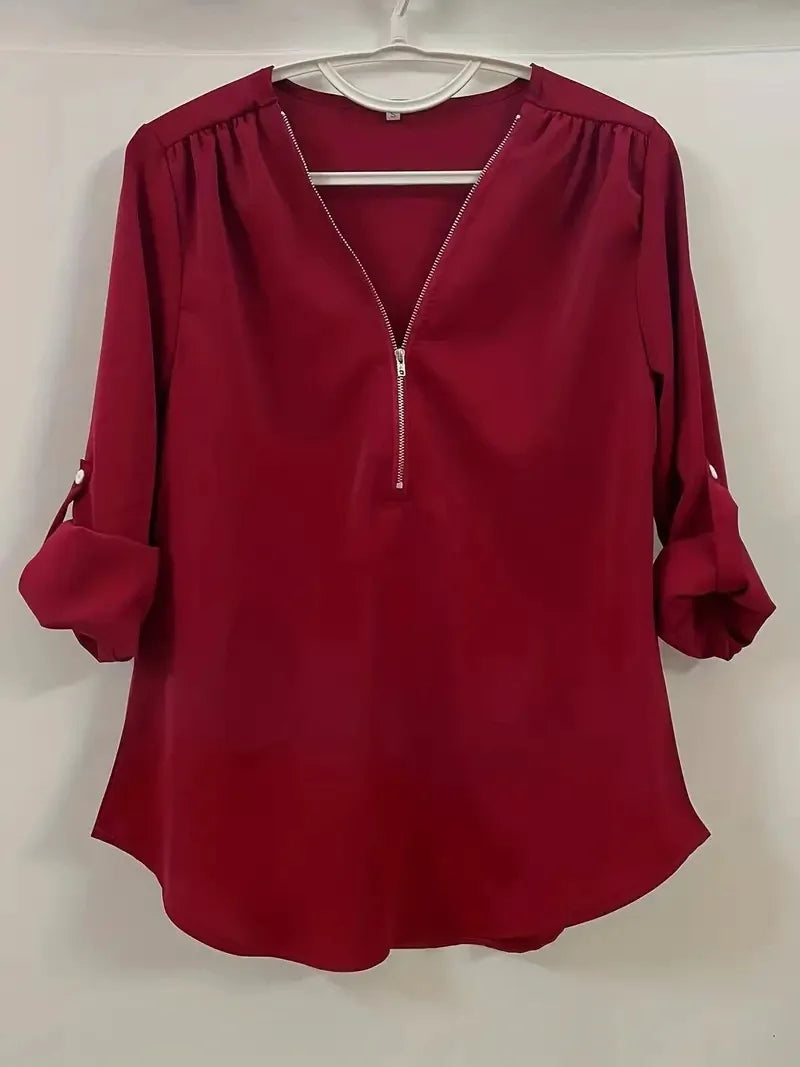 2024 Qualität Heißer Verkauf Plus Size Tiefer V-Ausschnitt Damenbluse Chiffon Coole lockere Hemd Mode Freizeit Damen Tops Sexy Reißverschluss Pullover