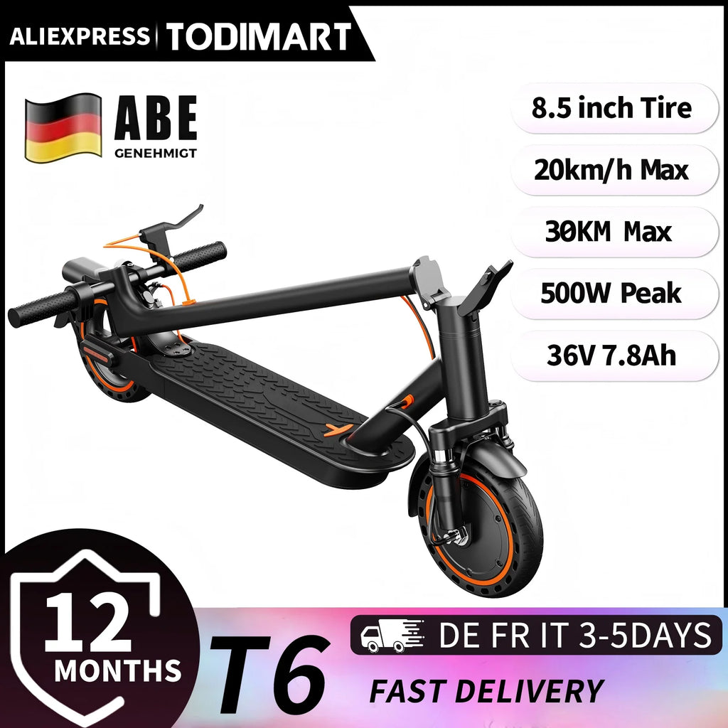 TODIMART T6 ABE E-Scooter mit Straßenzulassung, 30 km, 350 W, Zoll-Reifen, doppelter Stoßdämpfer, E-Scooter für Erwachsene