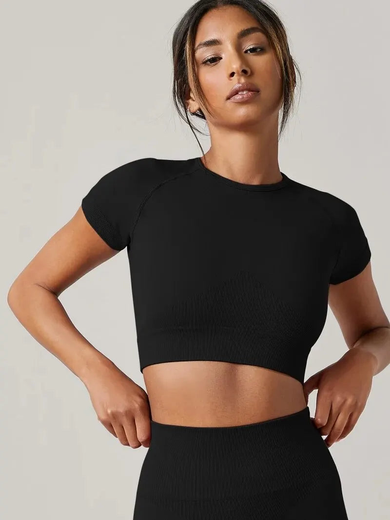 Damen Yoga Top Nahtloses Sport-T-Shirt Fitnesskleidung Kurzarm Yoga-Shirt Gym Top Lauf-Sportbekleidung Sport Top