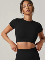Damen Yoga Top Nahtloses Sport-T-Shirt Fitnesskleidung Kurzarm Yoga-Shirt Gym Top Lauf-Sportbekleidung Sport Top