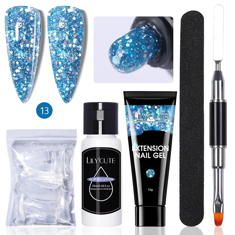 LILYCUTE 15ml Verlängerungsgel-Nagellack-Set Quick Nail Prolong mit Verlängerungsform-Nagelspitzen Acryl-Lösung Maniküre-Werkzeug-Kit