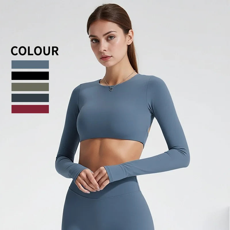 NCLAGEN Sport-Oberteile Gym Damen Fitness T-Shirt Langarm Offener Rücken Pilates Yoga Gepolstertes Crop Top Laufen Workout Fitness Bluse