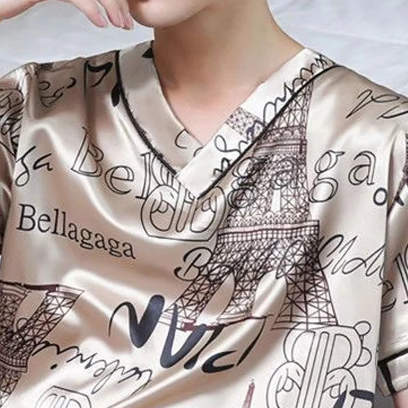 Pyjama Herren Eis Seide Dünn Kurzarm Zweiteiler Koreanische Version des lockeren Herren-Hausanzugs in Übergröße mit Buchstaben