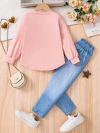 Frühling und Herbst Mädchen Mode süßes 2-teiliges Set mikro-elastisch rosa Rundhals Cartoon Langarm Imitation Jeans Slim-Hose Kl