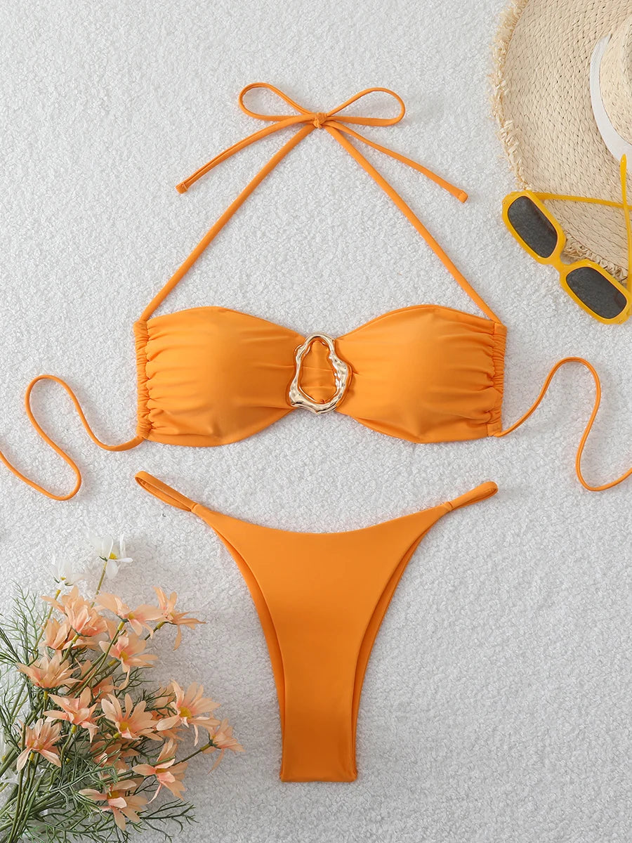 Sexy Bandeau Bikini Damen Badeanzug 2026 Zweiteiliger Bademode Tanga Bikinis Set Damen Badeanzug Push Up Strand Schwimmbekleidung