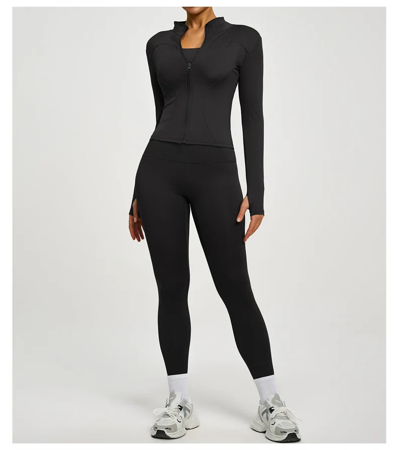 SVEIC Damen Zweiteiliger Trainingsanzug Yoga Set Langarmjacke High Waisted Leggings Atmungsaktive Sportkleidung Für Frauen