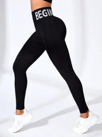 Europäische und amerikanische nahtlose Yoga-Leggings mit Bund-Schriftzug, Po-Lifting, schnelltrocknende, atmungsaktive Damen-Tights für den Sport