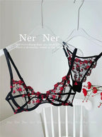 YUQI Französisches Luxus-Dessous-Set – sexy BH- und Höschen-Set mit floraler Stickerei in Schwarz, durchsichtige, transparente, verführerische Damen-Unterwäsche