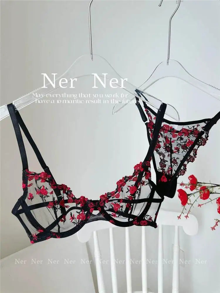 YUQI Französisches Luxus-Dessous-Set – sexy BH- und Höschen-Set mit floraler Stickerei in Schwarz, durchsichtige, transparente, verführerische Damen-Unterwäsche