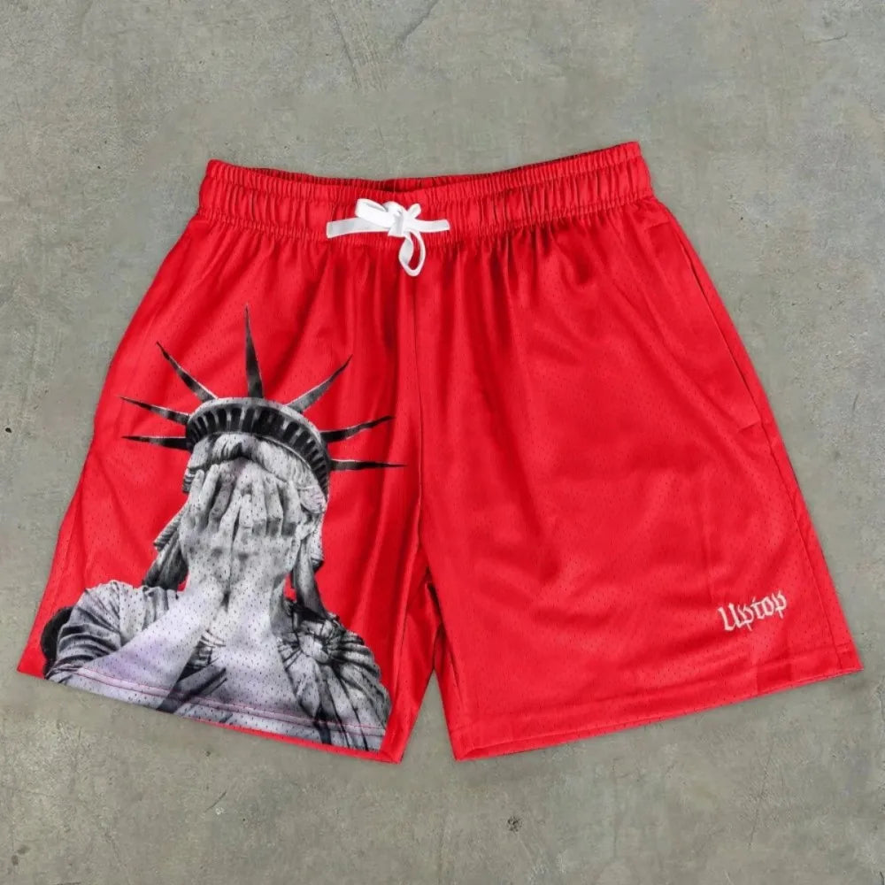 Europäische und amerikanische Herren Sommer Freiheitsstatue-Print bequeme atmungsaktive Tunnelzug-Shorts Outdoor-Freizeithose