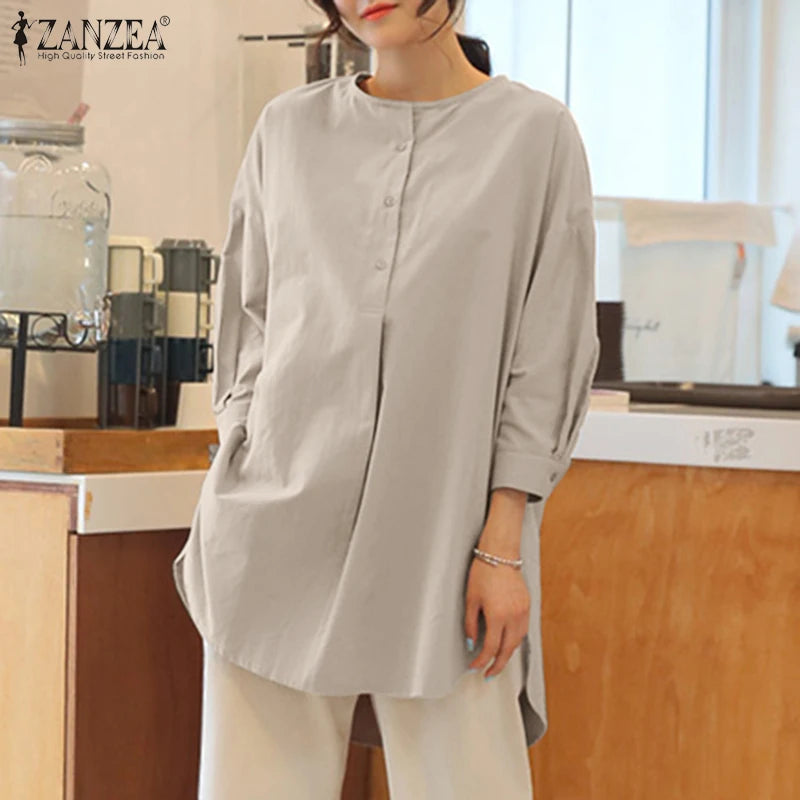 ZANZEA Mode Herbst Langarm Bluse Damen Weites Hemd Elegant Einfarbig OL Arbeitsplatten Lässig Locker Urlaub Arbeit Blusen Damen