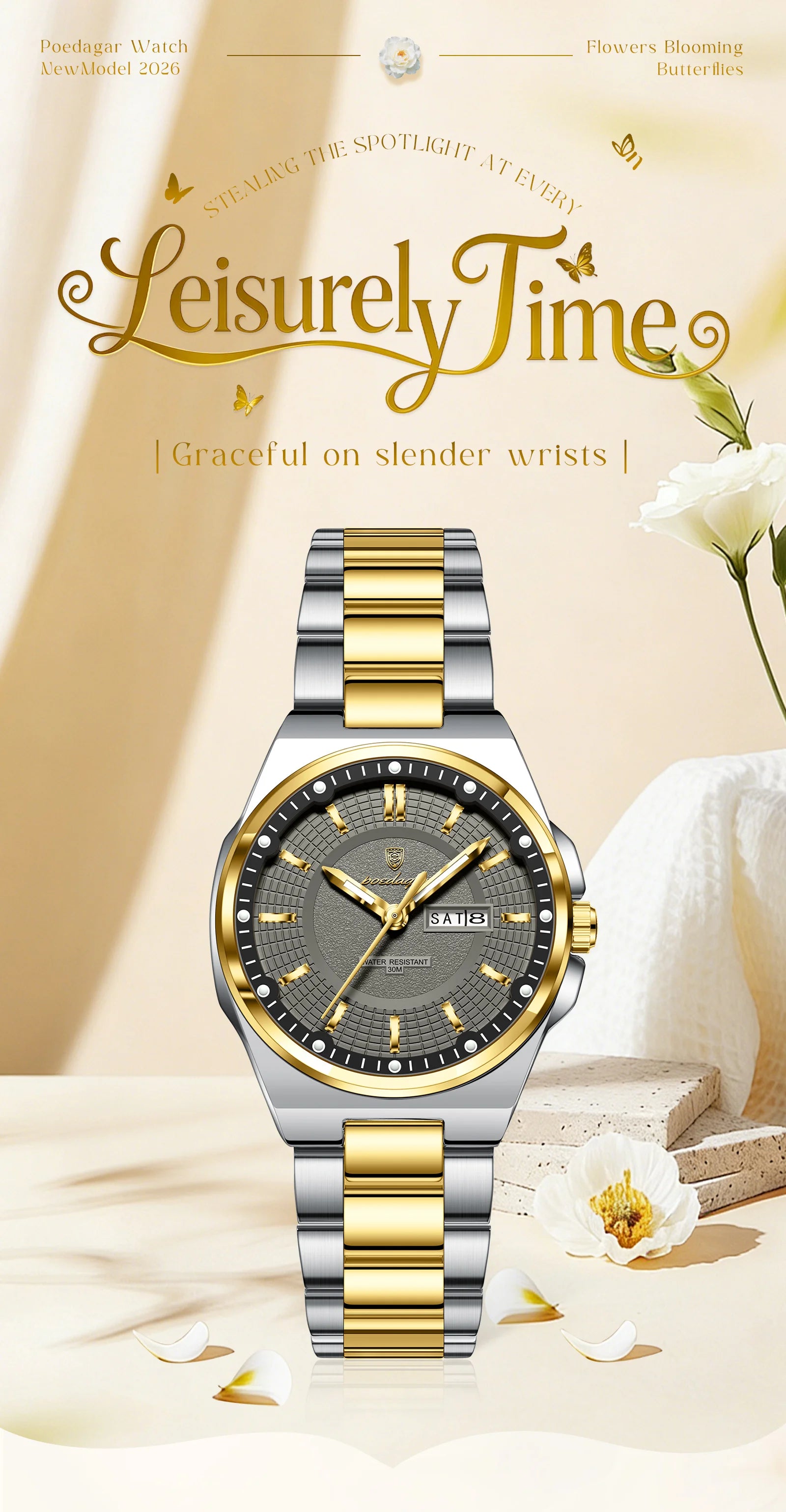 POEDAGAR Fashion Damen-Armbanduhr, Top Elegant, Woche, Datum, Damen-Uhr, Quarz, Edelstahl, Leuchtend, Wasserdicht, Damenuhren, Reloj