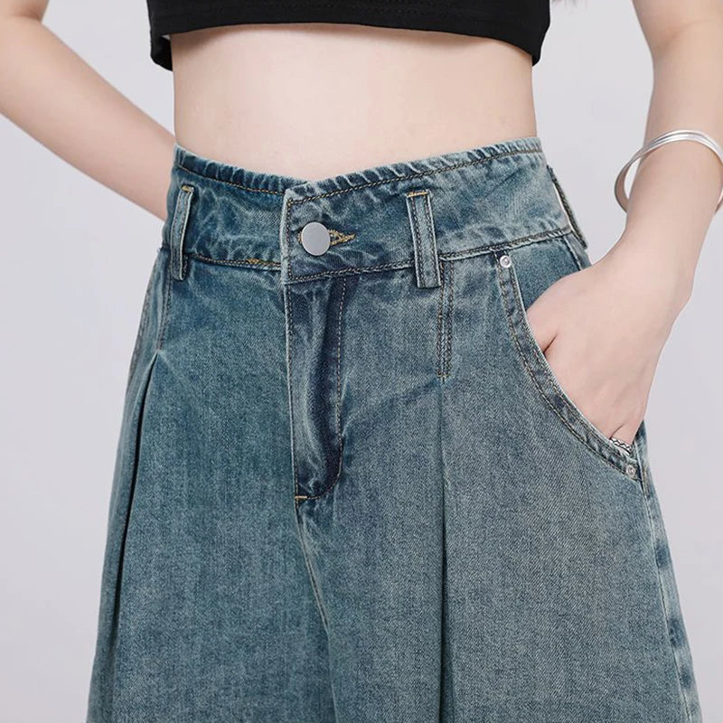 Koreanische Lässige High Waist Plissierte Denim Shorts Für Frauen Frühling Sommer Baggy Jeans Shorts Y2k A-Linien Weite Beine Jeans