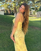 Kryptografischer Sommer Blumenmuster Plunge Maxikleid Outfits Sexy rückenfreie Feen Sonnenkleider Urlaub Strandmode Vestido Coquette