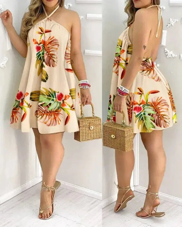 Geblümtes Neckholder-Kleid Boho-Rückenfreies Neckholder-Kleid für Frühling Sommer Damenbekleidung Hauptbild