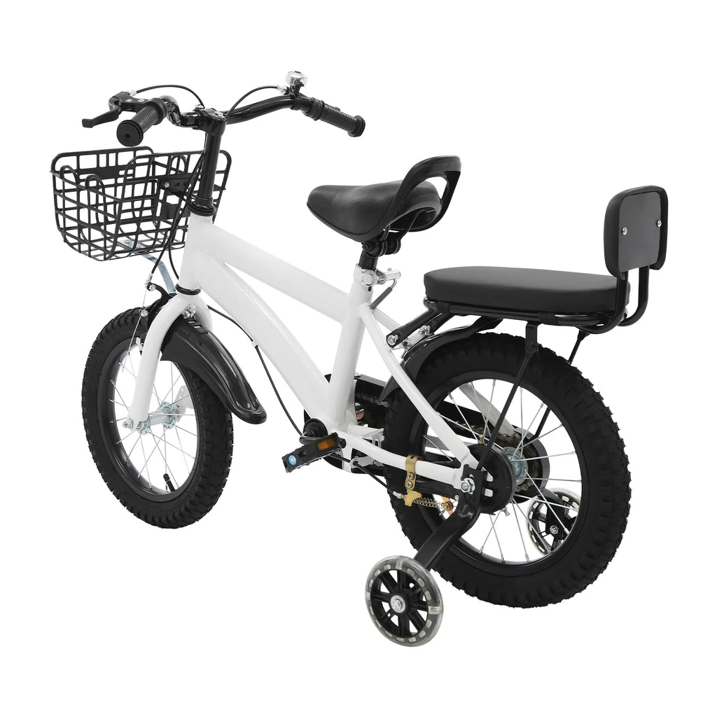14" Kinderfahrrad Verstellbares Kinderfahrrad Belastbarkeit 60kg mit Stützrädern+Korb+Rückenlehne Rücksitz für 3-7 Jahre (Weiß/Schwarz)