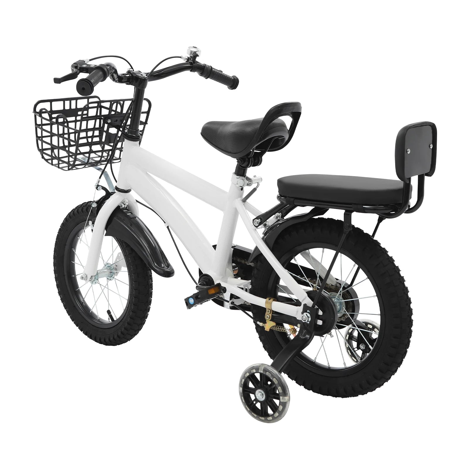 14" Kinderfahrrad Verstellbares Kinderfahrrad Belastbarkeit 60kg mit Stützrädern+Korb+Rückenlehne Rücksitz für 3-7 Jahre (Weiß/Schwarz)
