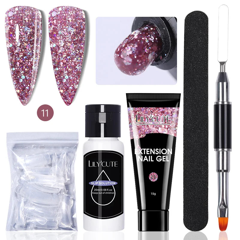 LILYCUTE 15ml Verlängerungsgel-Nagellack-Set Quick Nail Prolong mit Verlängerungsform-Nagelspitzen Acryl-Lösung Maniküre-Werkzeug-Kit
