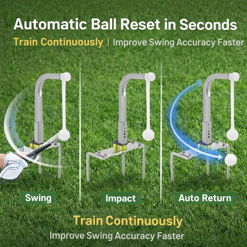 Golfschwungtrainer mit 360° automatischem Rücklauf, höhenverstellbarem Golf-Trainingsgerät für das Training drinnen und draußen